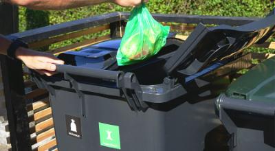 Person lægger en grøn pose med madaffald i affaldsbeholder